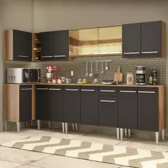 Cozinha Completa de Canto Madesa Emilly Mega com Armário Vidro Reflex e Balcão - Rustic/Preto