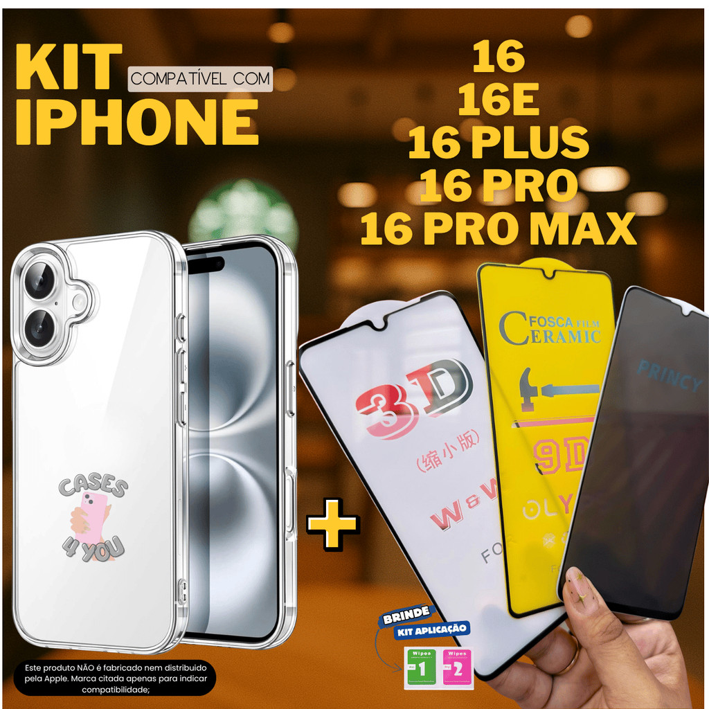 Capa Capinha Transparente Anti Impacto + Película Compatível Iphone 16E 16 Plus Pro Max