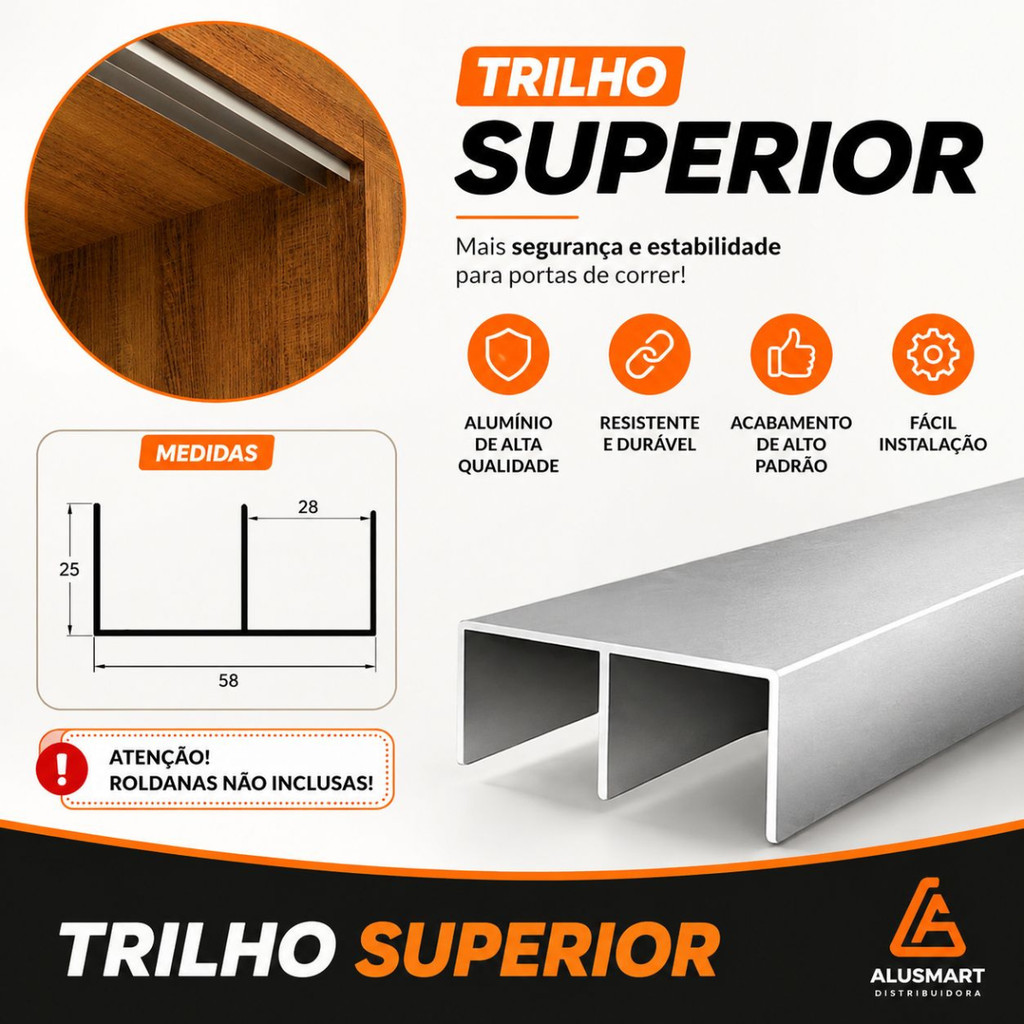 Trilho Superior Perfil Alumínio Porta de Correr Guarda Roupa e Armários Diversos Tamanhos