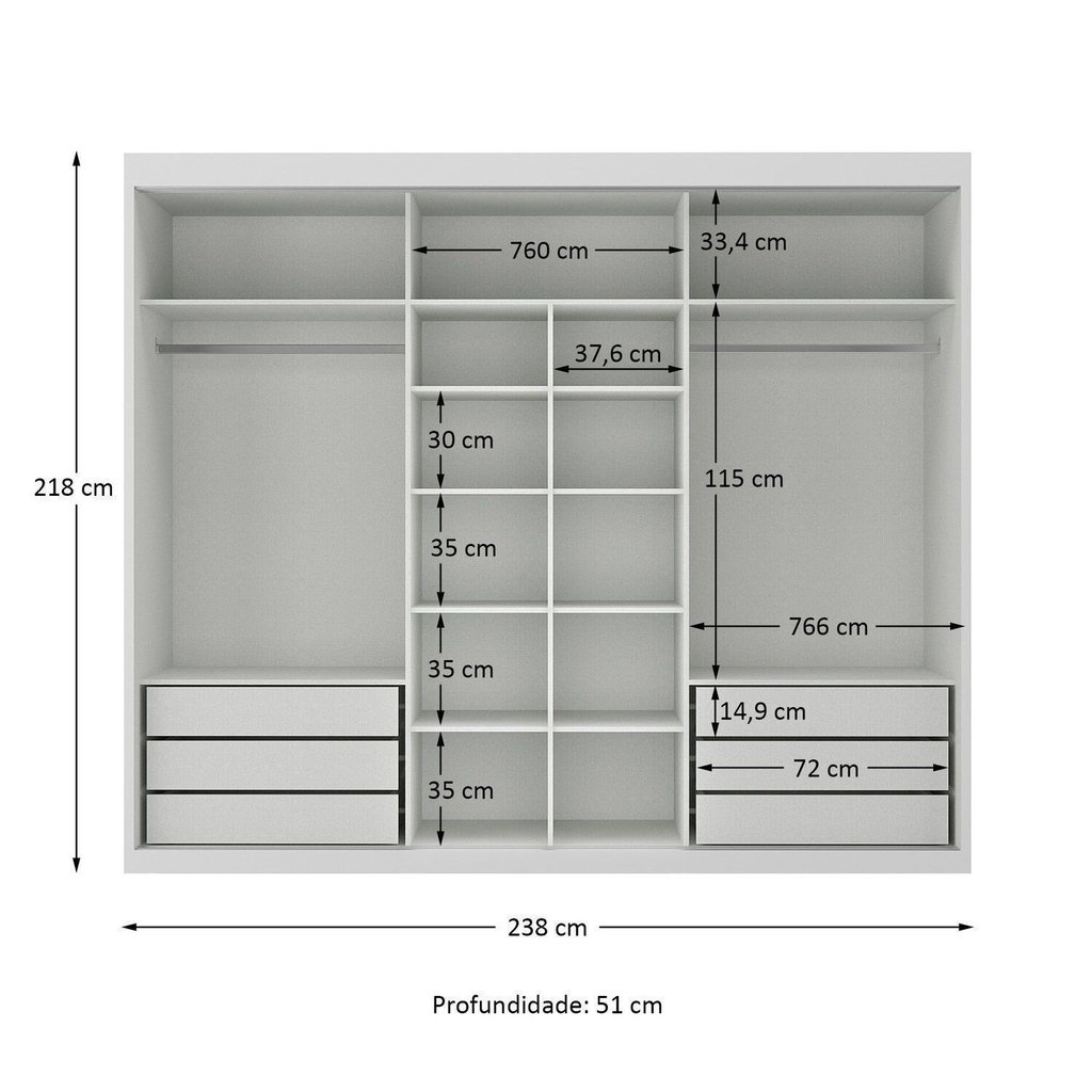 Guarda-Roupa Casal 3 Portas de Correr e 6 Gavetas Spazio Yescasa Branco Branco
