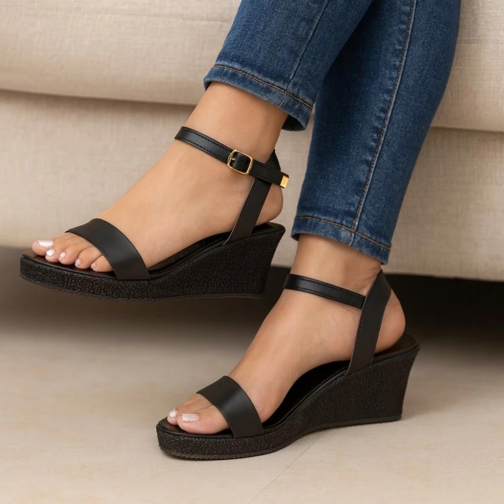 Sandália Anabela Salto Feminino 5,5cm Fivela Confortável Casual Elegante com Solado Antiderrapante