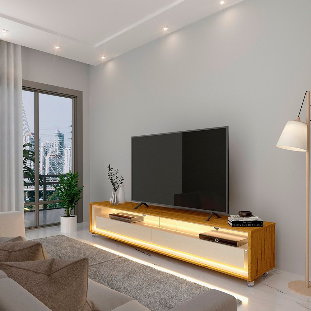 Rack para TV até 85 Polegadas com LED 100% MDF 172,5cm Rodízios Requinte Marrom Naturale/Off White