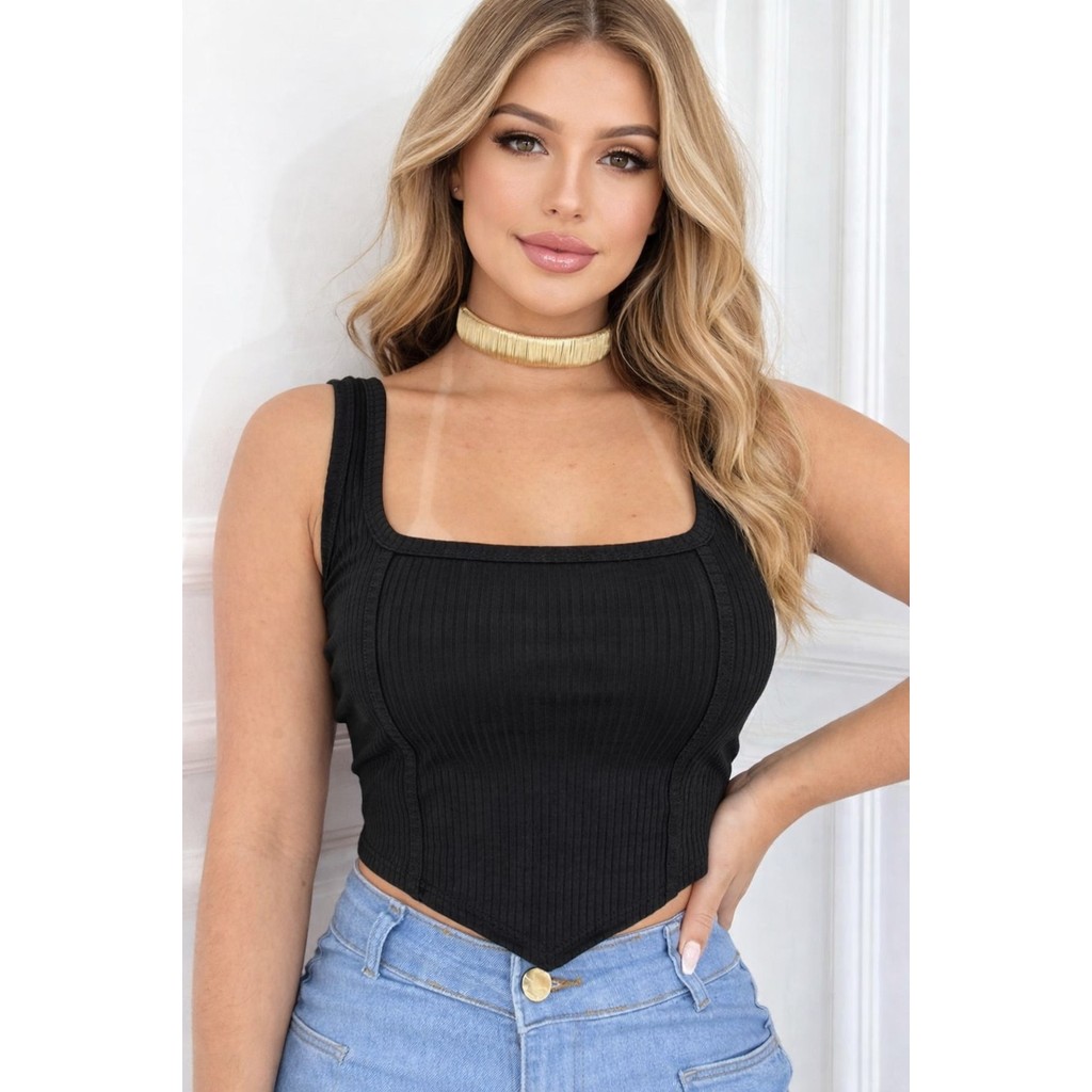 Blusa cropped feminino regata alça larga efeito corselet canelado pratico
