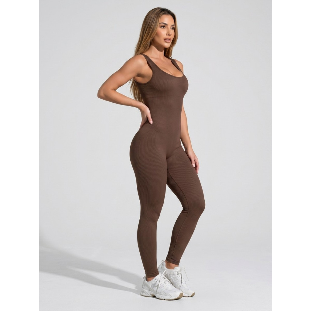 Macacão Fitness Poliamida Seamless Canelado Feminino Modelador com Bojo Removível Zero Transparência Academia