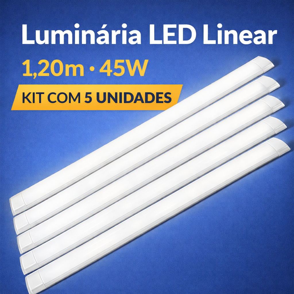 Kit 5 Luminária Linear Tubular 120cm Sobrepor 45w Led 6500k