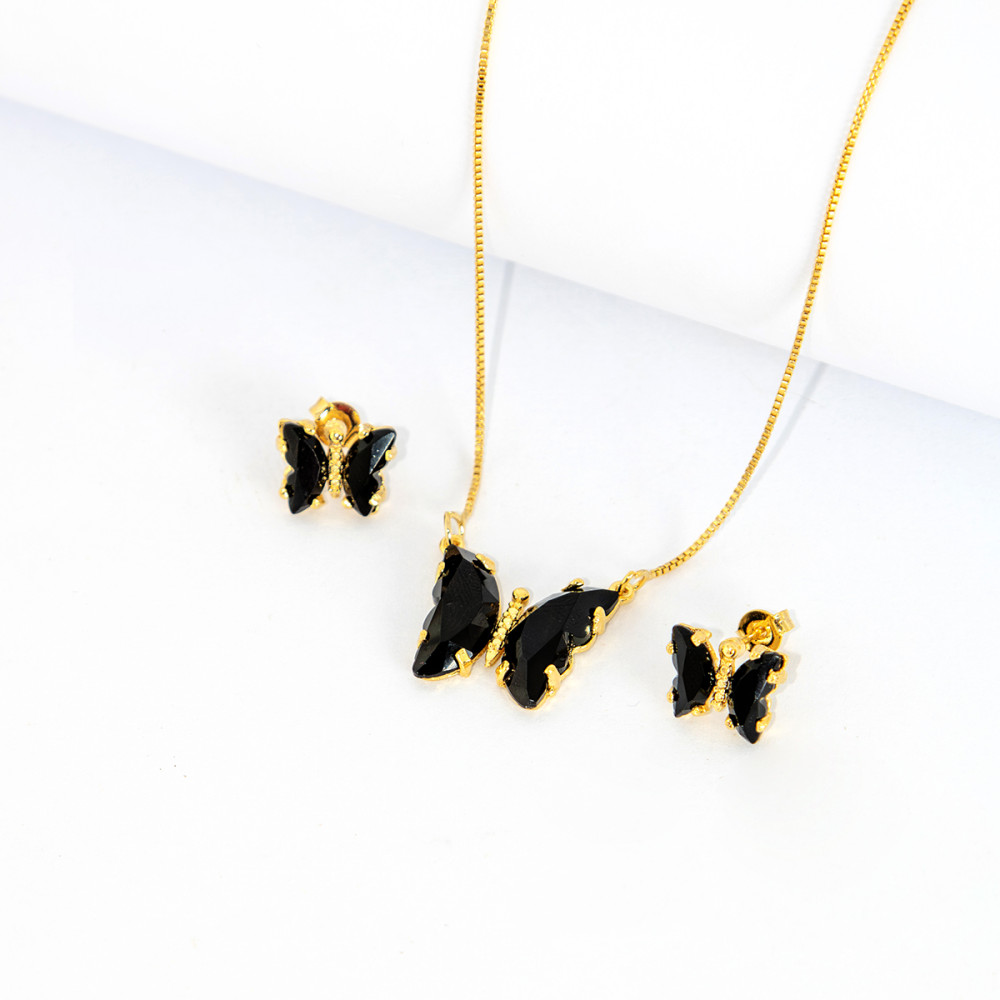 Conjunto Colar e Brinco Borboleta Turmalina Negra - LABRILHO Joias - Banhado Ouro 18K Antialérgico