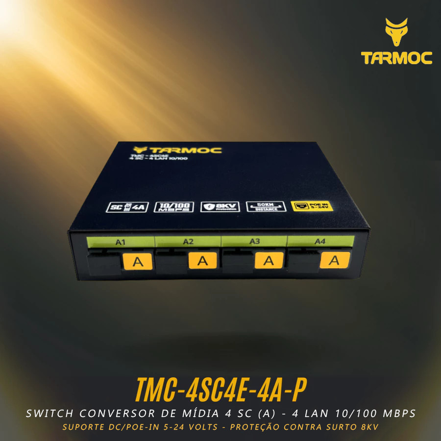 Tarmoc TMC-4SC4E-4A-P Conversor de Mídia Fibra Óptica Switch 4 SC 4 LAN / 4 FO 4 LAN 10/100 POE IN 5-24 Volts