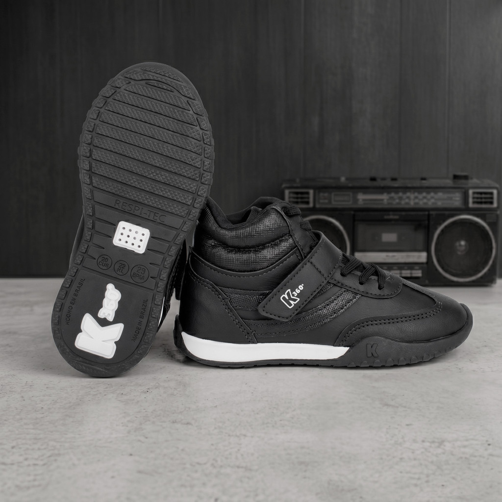 Tênis Infantil Menino K360 Flat Preto Cano Alto Casual Confortável Leve Anatômico Antiderrapante