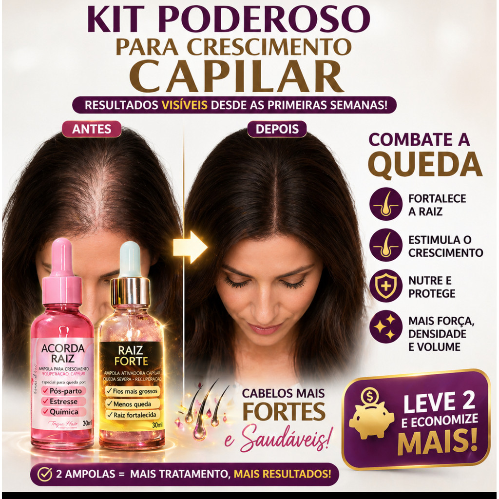 Ampolas para Tratamento de Queda Capilar - Cresce 10x mais Acorda Raiz + Raiz Forte Fios Fortes Toque Hair