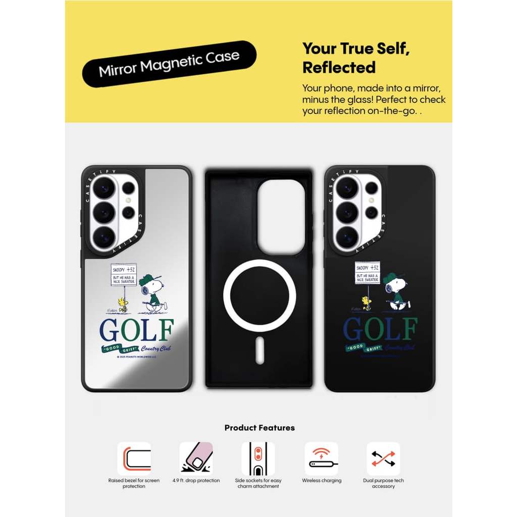 CASECASE X Snoopy Golf Samsung S Series Case Matte Black & Sliver Mirror Capa De Sucção Magnética Galaxy S26 Ultra S25 S