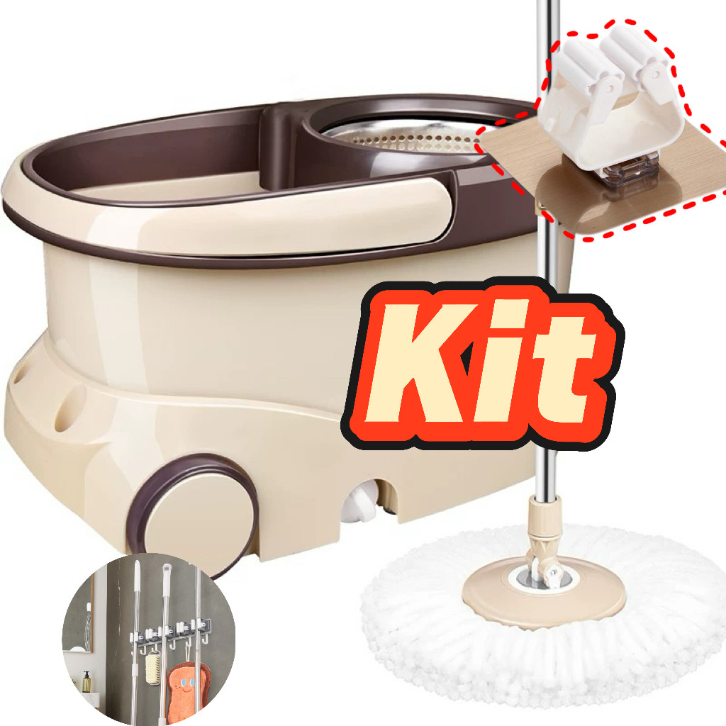 Kit Mop 140cm Giratório 360° com Balde Inox e Rodas + 3 Refis Extras + Ganchos Limpeza em casa