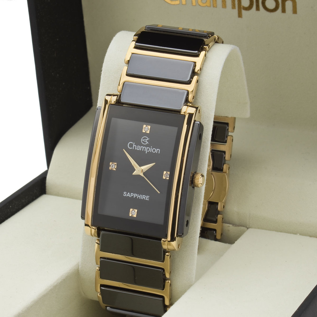 Relógio Ceramica Safira Feminino Preto com Dourado Quadrado Original CA21857U
