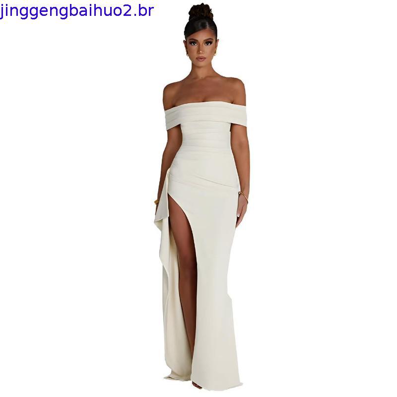 vestido longo vestido de festa Vestido Longo de Noite Feminino Sexy Ombro Descido Elegante Vestido de Festa com Fenda IB