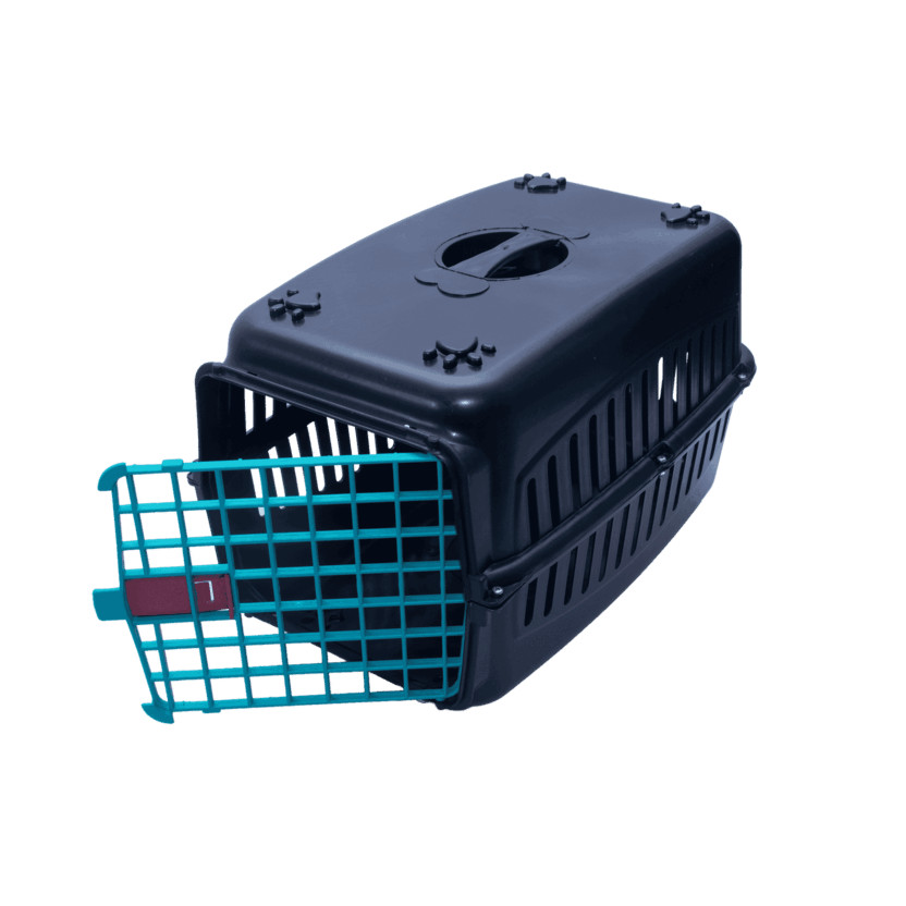 CAIXA DE TRANSPORTE PET Nº1 PRETA COM A PORTA COLORIDA