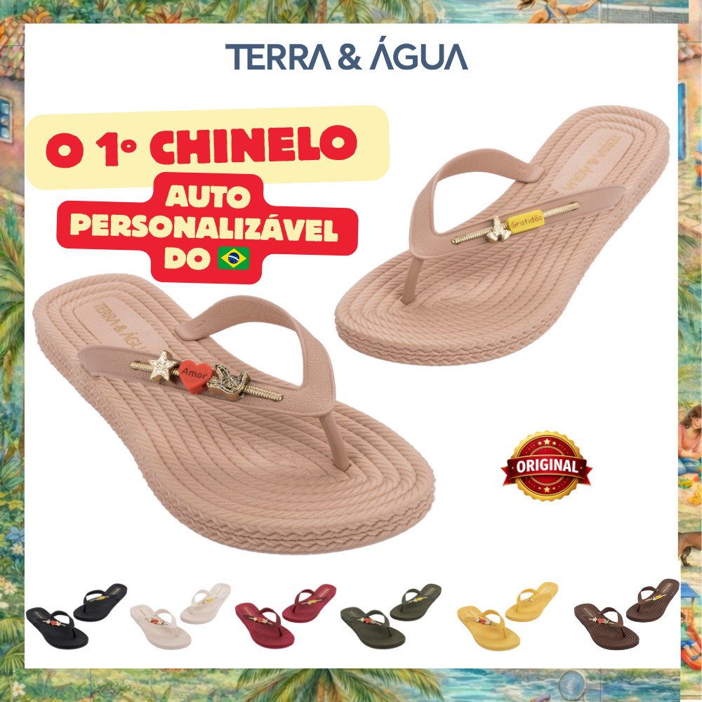 Chinelo Terra & Água Feminino Confortável Com Pingentes FÉ Trocáveis Sandália Dedo Original 230004
