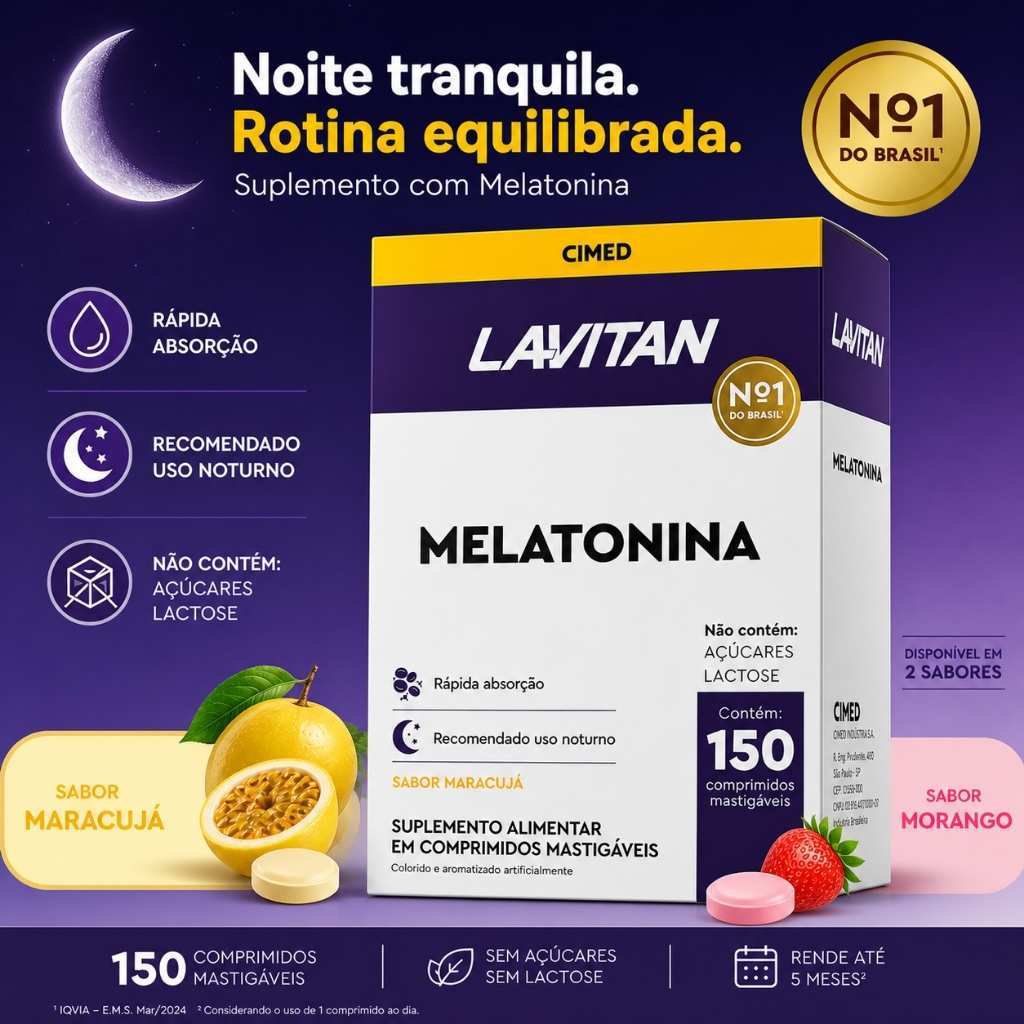 Melatonina Lavitan Cimed 150 Comprimidos Mastigáveis Sem Açúcar Sem Lactose 5 Meses Maracujá Morango