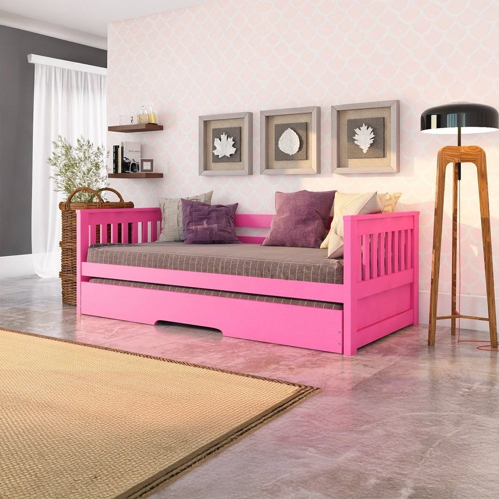 Bicama Solteiro Mission Estilo Sofá em Madeira Maciça/MDF Rosa Rosa