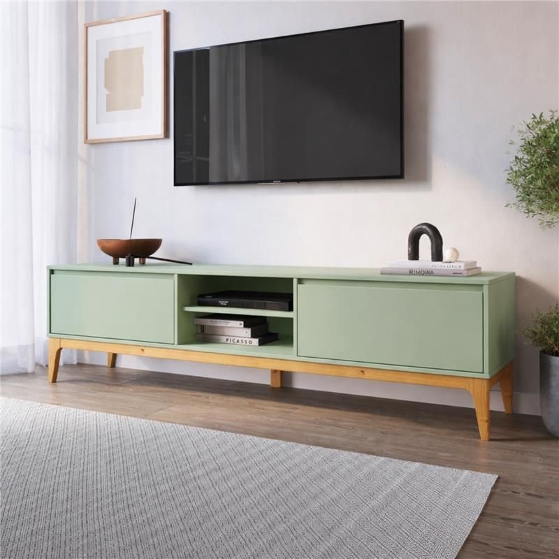 Rack Retrô para TV até 75 Polegadas 2 Portas MDF com Pés de Madeira Maciça 180cm Bento Yescasa Verde