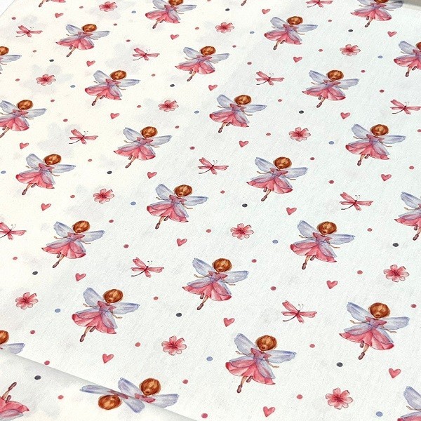 Tecido Tricoline Rotativo Fada Bailarina Flor Libélula e Coração
