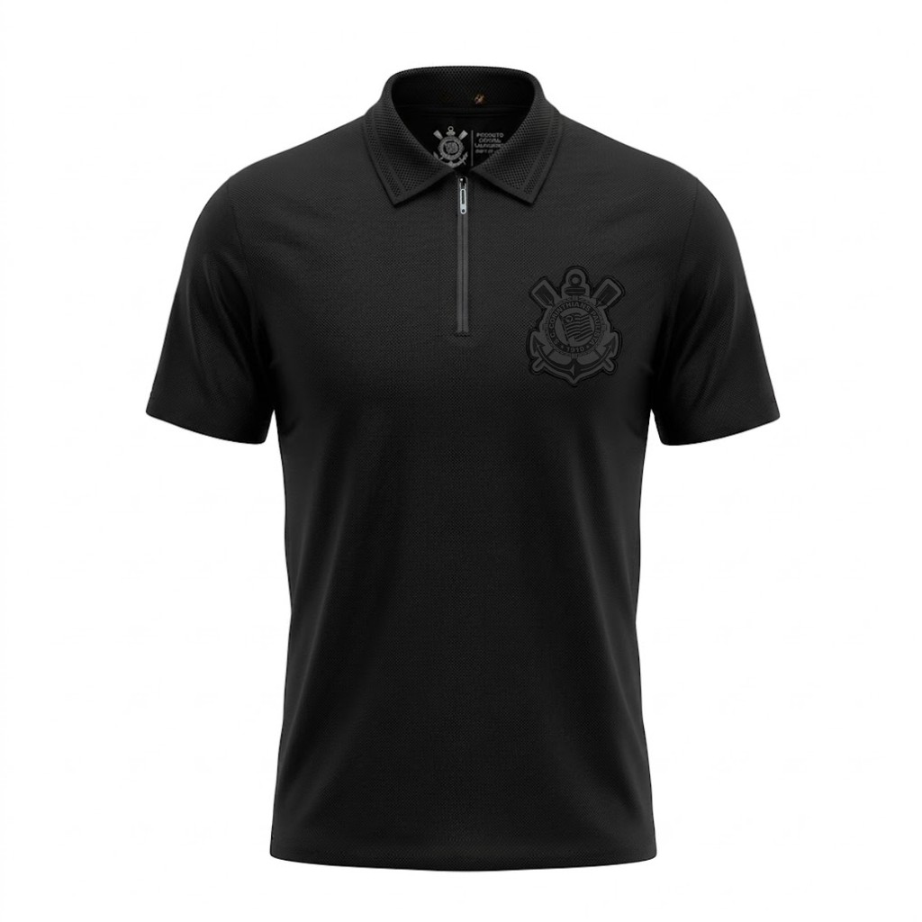 Camisa Polo Corinthians Masculina All Black Zíper