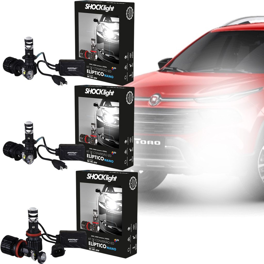 Kit Ultra LED Projetor Eliptico Fiat Toro 2016 a 2021 Farol Alto Baixo Milha