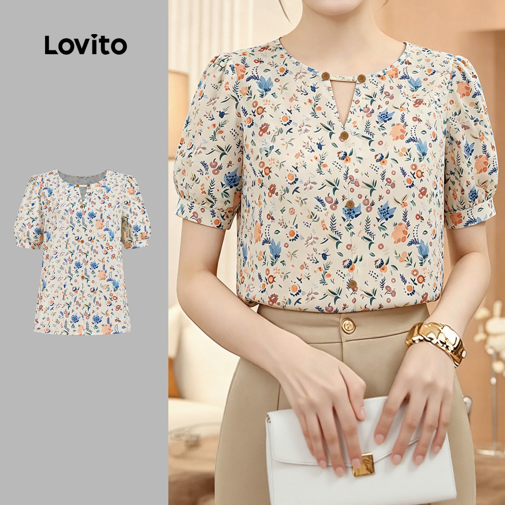 Lovito Blusa Casual Feminina com Flores e Recortes para primavera/verão L190ED68