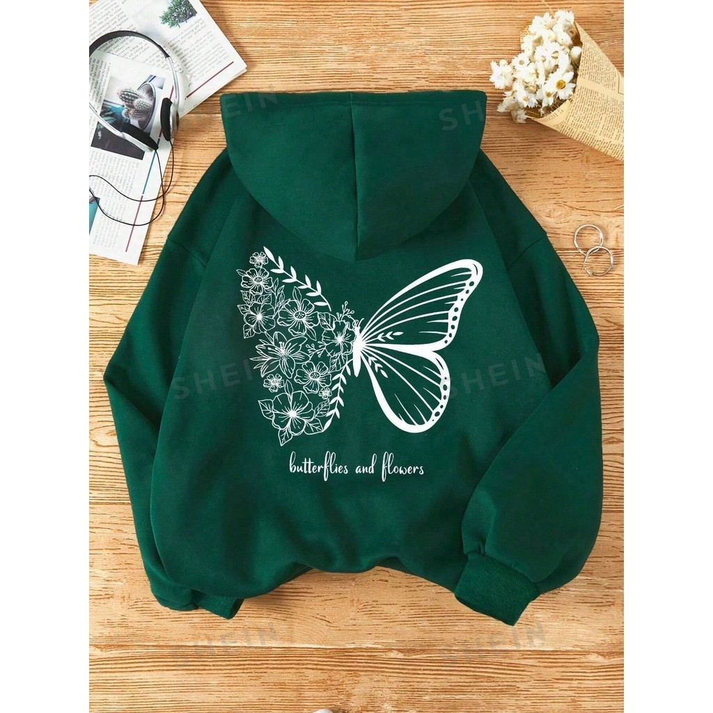 Moletom Canguru Feminino Borboleta Estampada Blusa Frio Capuz Flanelado Térmico Confortáve Algodão