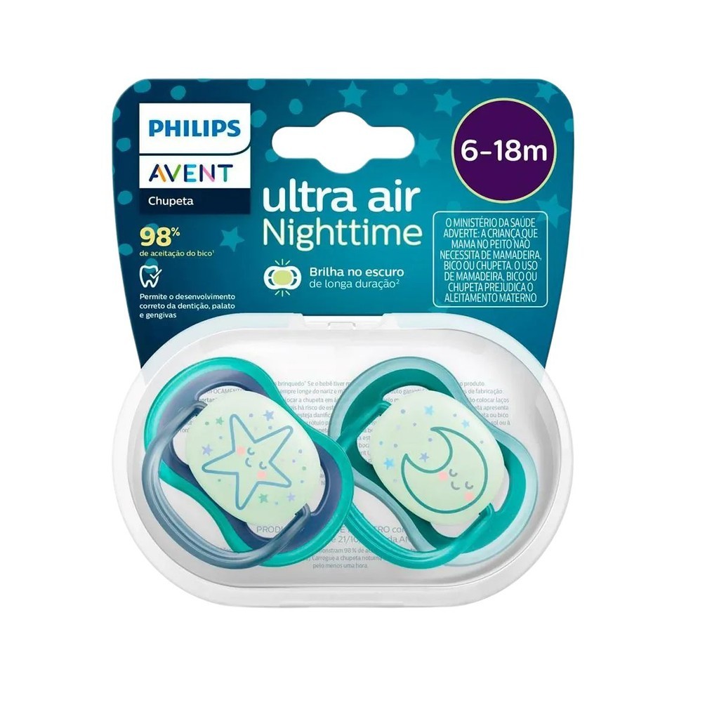 Chupeta Ultra Air Dupla 6 a 18 Meses Decorada Noturna Azul e Verde Philips Avent (SCF376/13)
