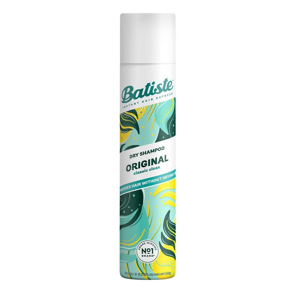 Frasco de spray de shampoo a seco Batiste Original de 200ml com design estampado em tons de verde e amarelo