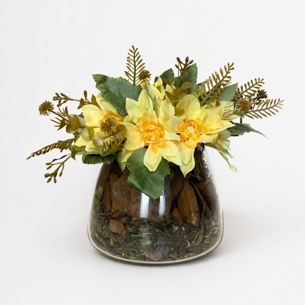 Arranjo Decorativo Com Dálias Artificial Completo Vaso Vidro