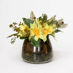 Arranjo Decorativo Com Dálias Artificial Completo Vaso Vidro