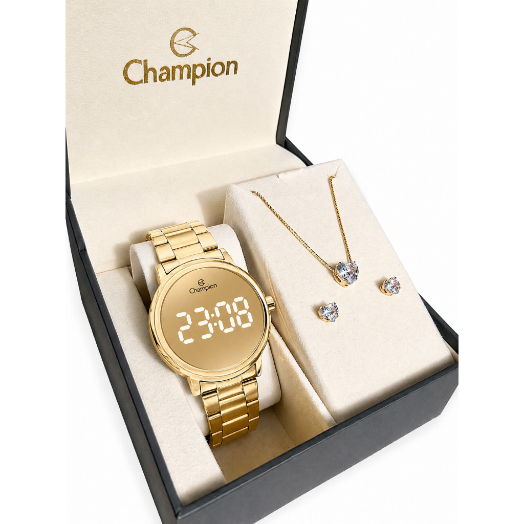Relógio Champion Feminino Dourado Original Digital Led + Colar e Brincos Presente