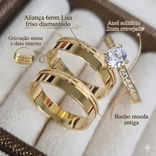 Par Aliança banho Moeda Antiga Reta 6MM 2 Frisos Jateados + Anel solitário cravejado e Gravação COD-202