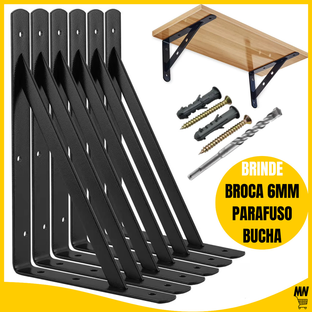 Suportes Kit 2 a 20 Mãos Francesas Preta 29cm/23cm/19cm Prateleira Cantoneira Reforçada Broca BBP
