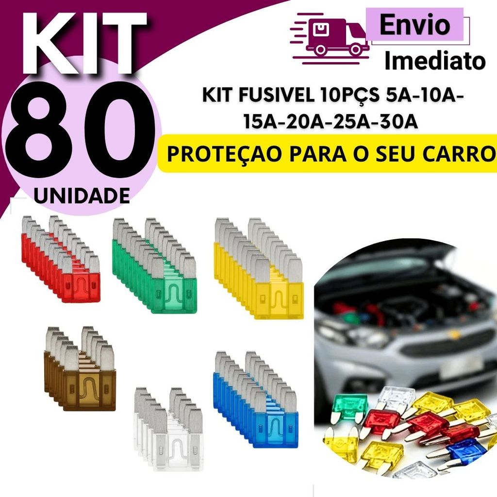 Kit Fusível Mini Automotivo Carro Proteção Elétrica 10 Peças Sortido 5A a 30A Kit 20, 40, 60 ou 80 Unidades