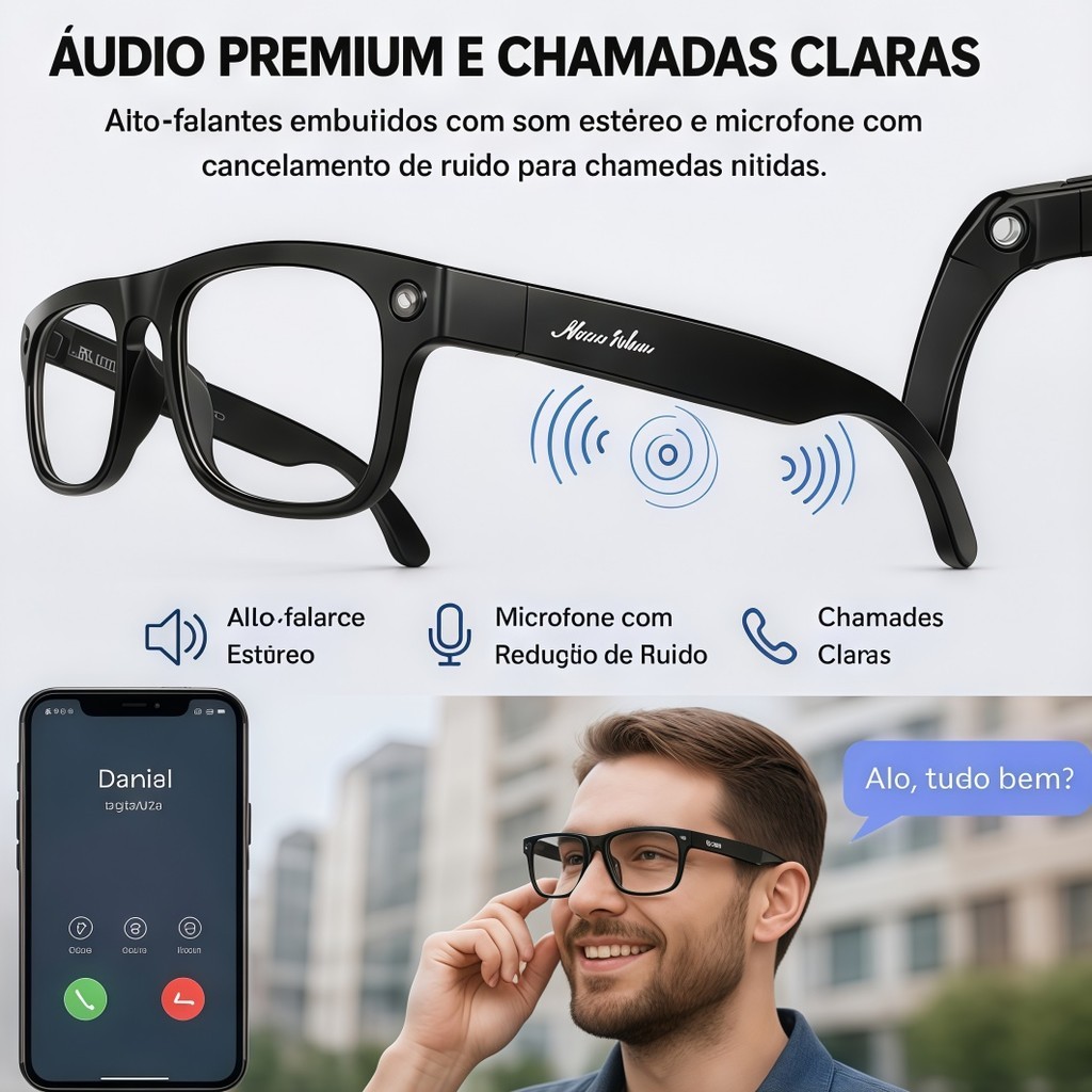 Óculos Inteligente Bluetooth 5.4 Com lanterna HD Grava Áudio 16GB Assistente de Voz
