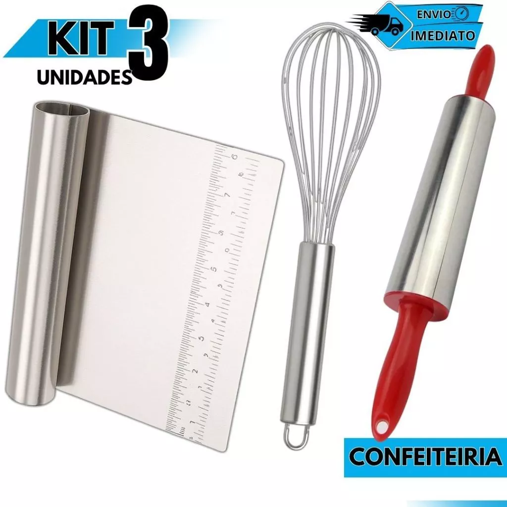 Kit Confeitaria Fouet Batedor Ovos Rolo de Massa Espátula Reta Raspadora Cozinha — imagem 1