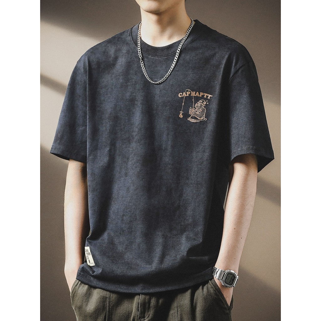 Americano pesado nuvem tingido diversão impresso camiseta de manga curta masculina verão solto tamanho grande Street Wea