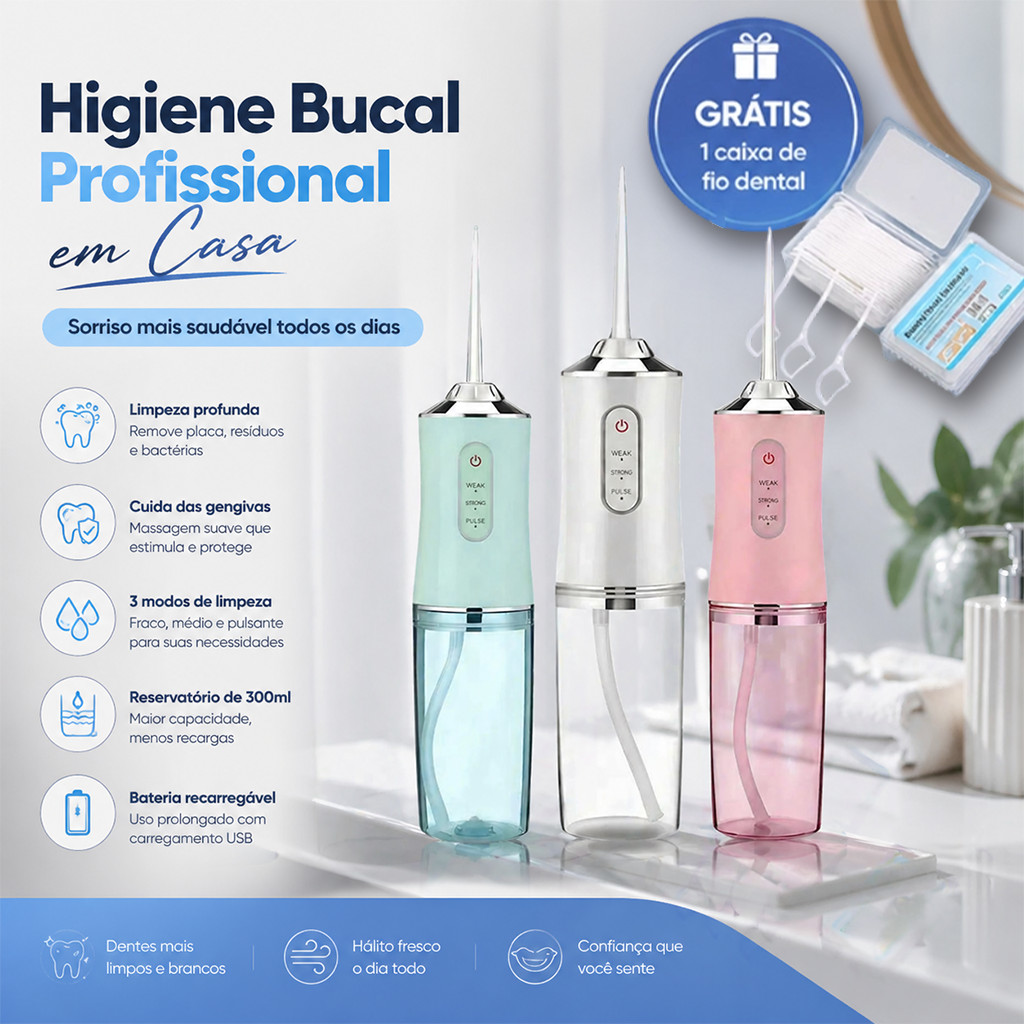 Irrigador Dental Oral Recarregavél 220ml Higiene Limpeza Bucal Portátil