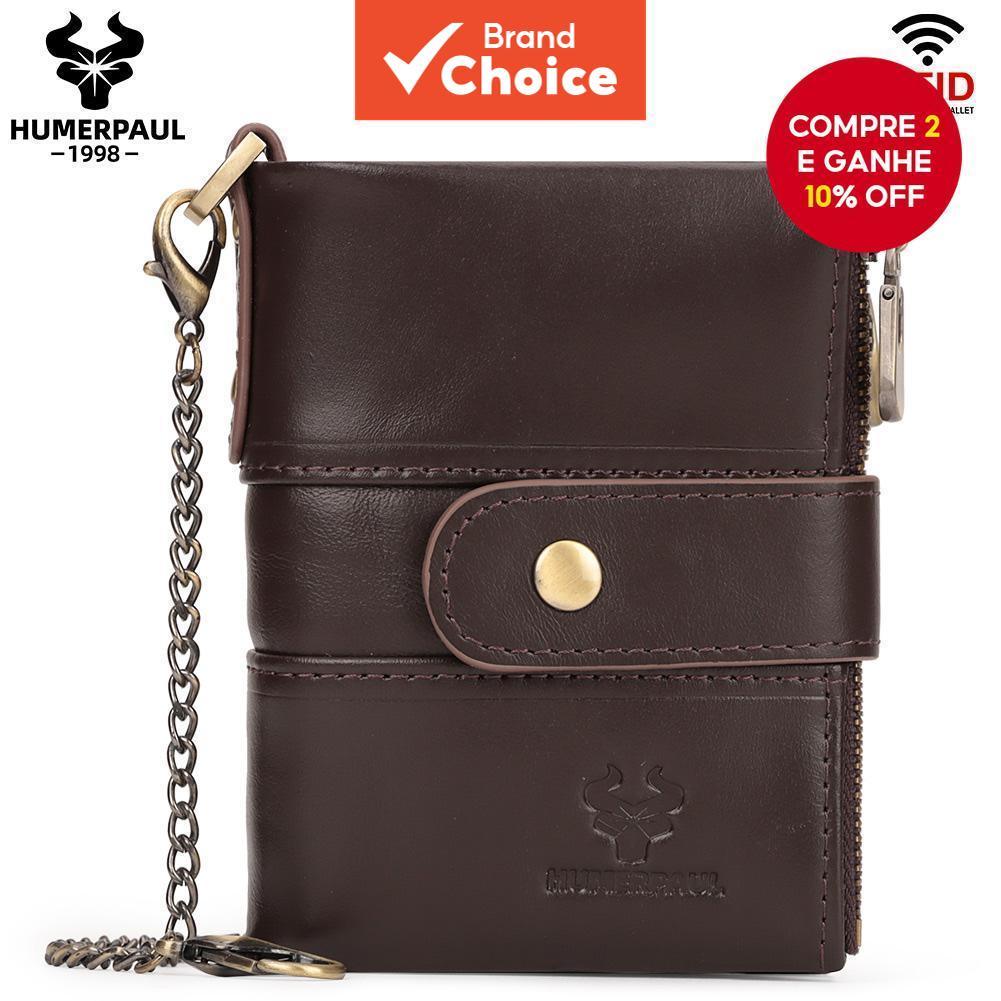 HUMERPAUL Carteira Masculina de Couro - Porta-Cartões de Couro com Bloqueio RFID, Bolso para Moedas e Corrente | Cor