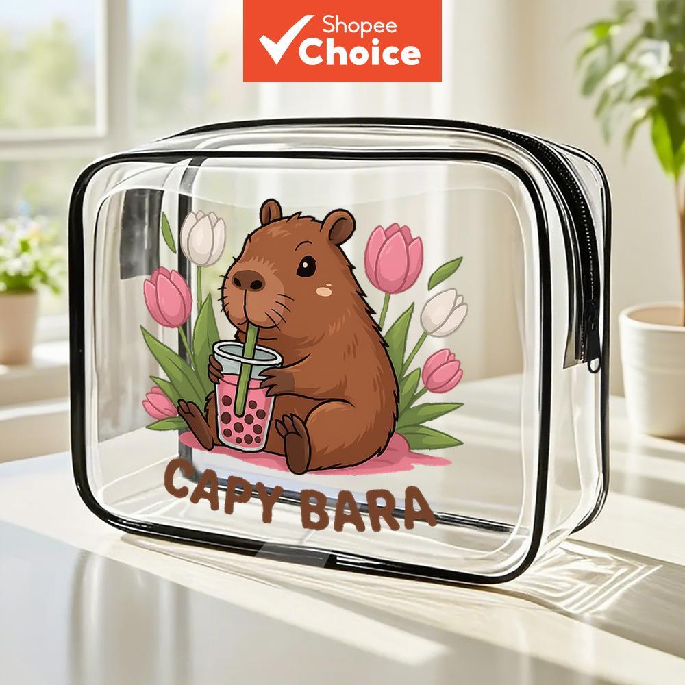 Bolsa de Higiene Transparente Capivara Fofa – Estojo de Maquiagem Portátil para Viagem, Praia e Academia, Presente de