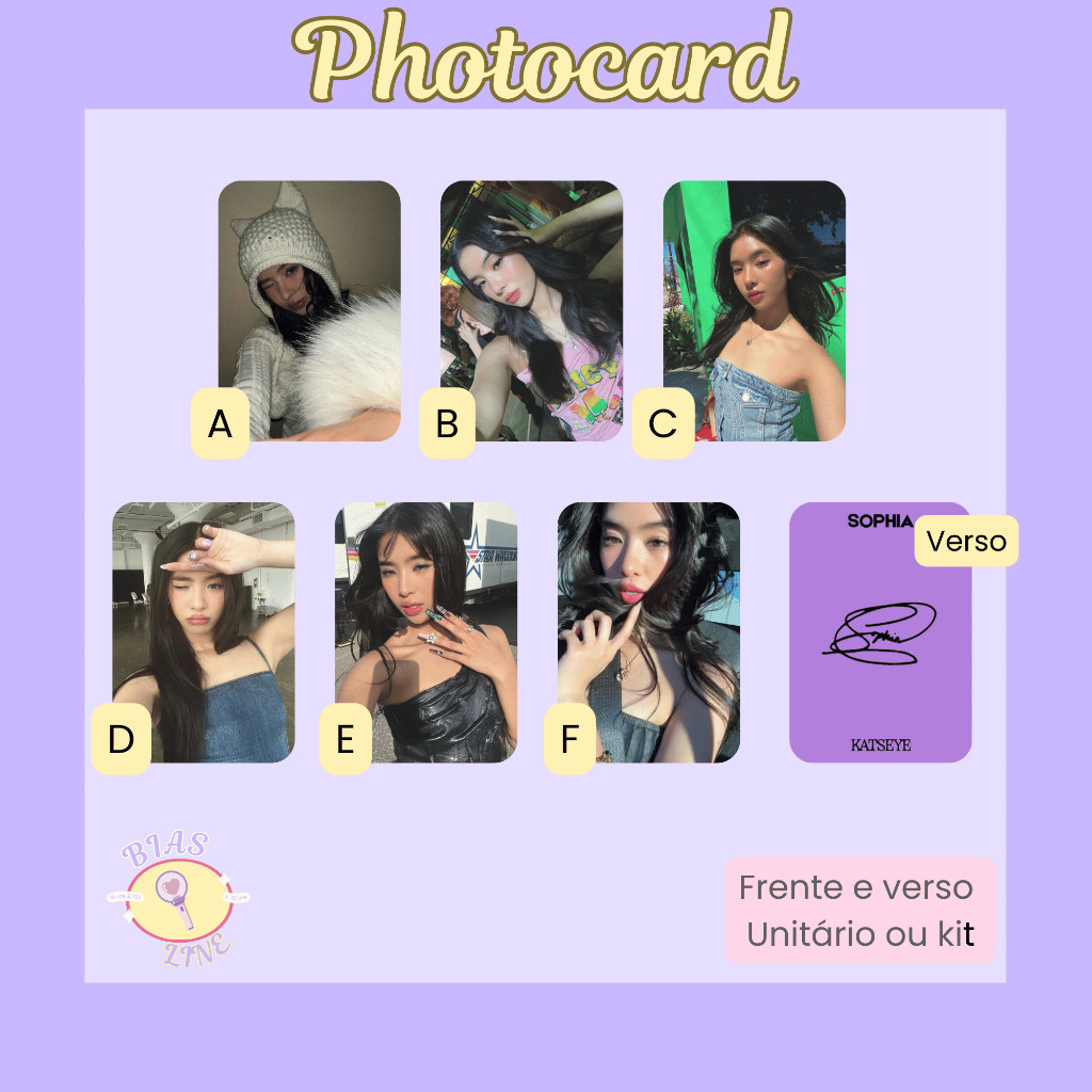 Photocard Fanmade Sophia Katseye Selcas (modelo 1) | K-pop | Papel Fotográfico Laminado | Unidade ou Set