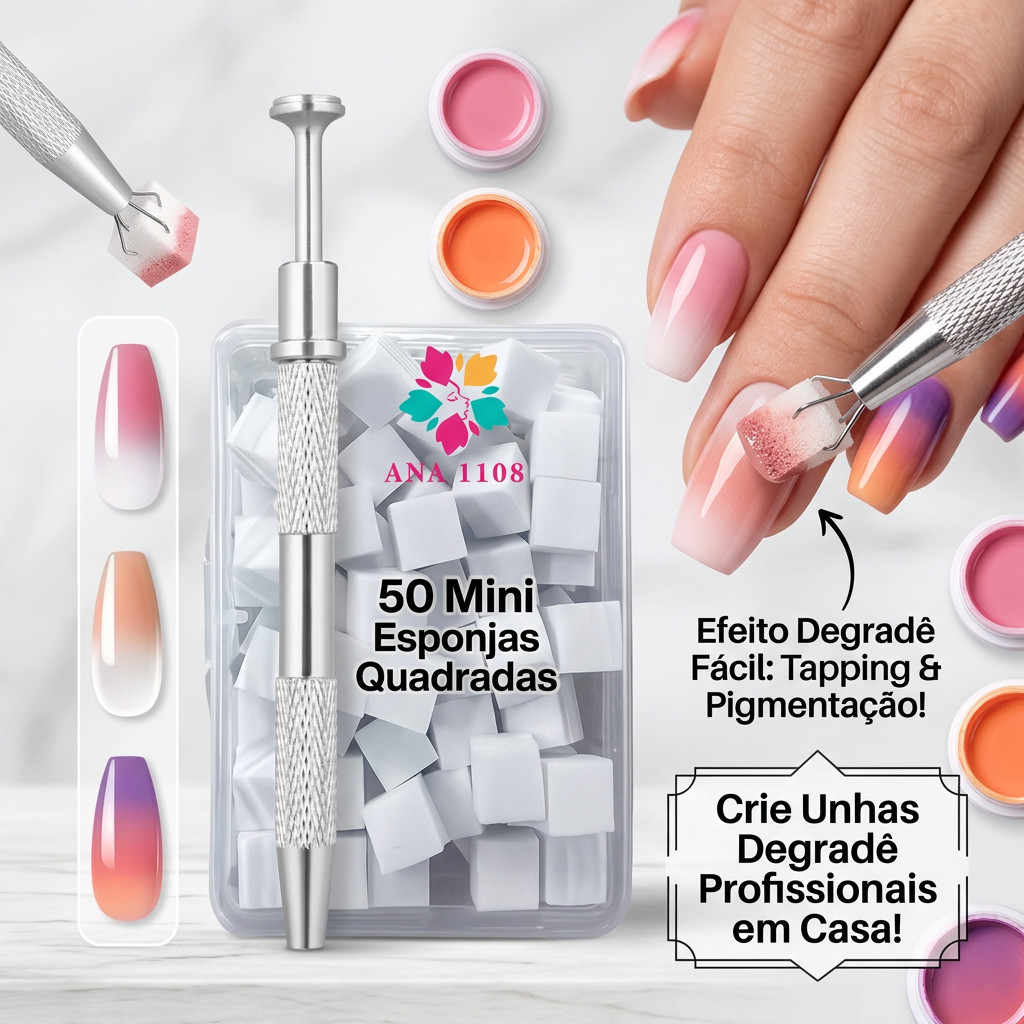 Kit Esfumador de Unhas Sufur ANA 1108 | Aplicador de Metal + 50 Mini Esponjas Descartáveis para Nail Art e Unhas em Gel