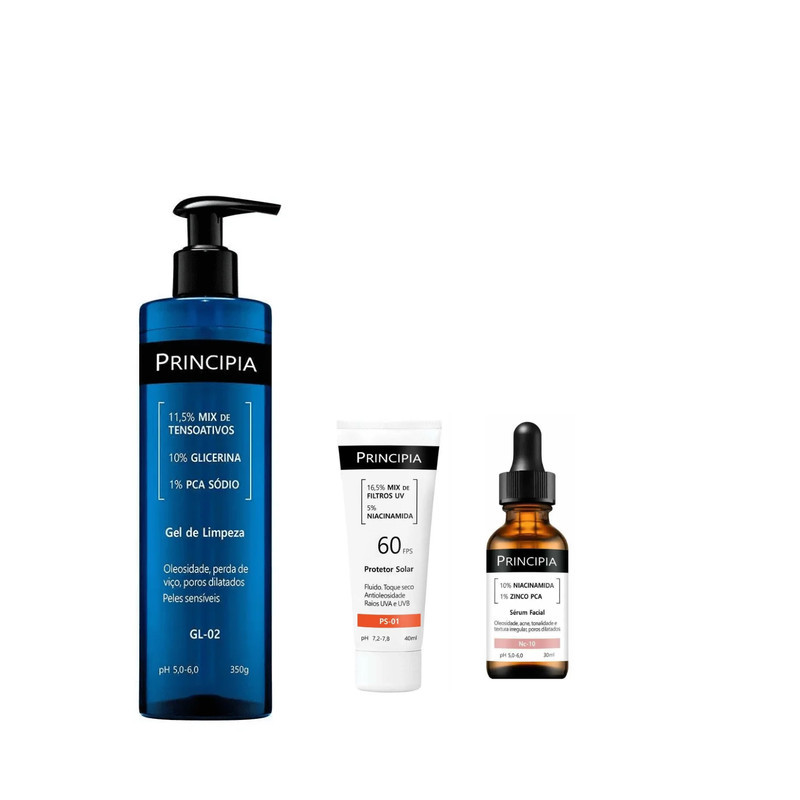 Principia Kit Anti Oleosidade C/ Gel de Limpeza GL-02 + Sérum NC-10 + Protetor Solar PS-01 FPS60