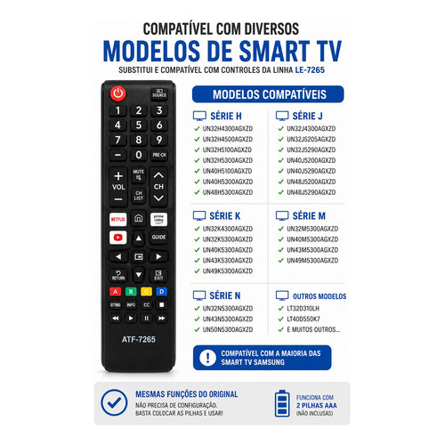 Controle Remoto Compatível Samsung Smart TV LED 4K Universal LE-7265 Netflix Prime Sem Programação