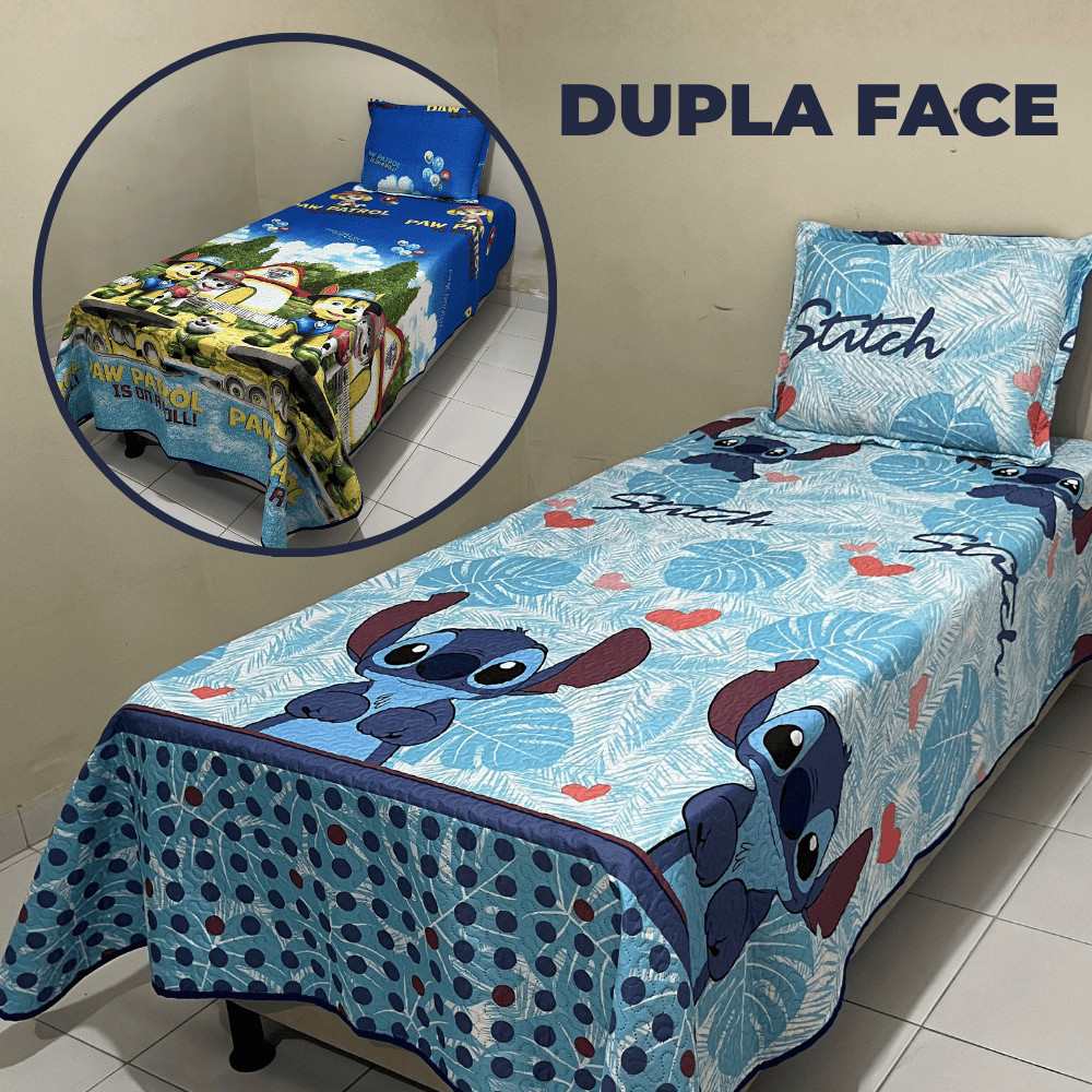 Cobre-leito Infantil Dupla Face Solteiro 2 Peças 1,80 x 2,40 Stitch Patrulha Canina Minions