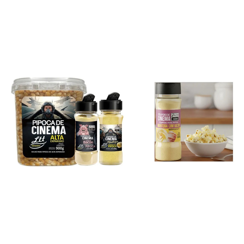 Kit Pipoca: Milho De Pipoca Alta Expansão 900g + 2 Temperos Sabor Manteiga + Bacon 100g + 1 Manteiga Com Bacon - OFICIAL