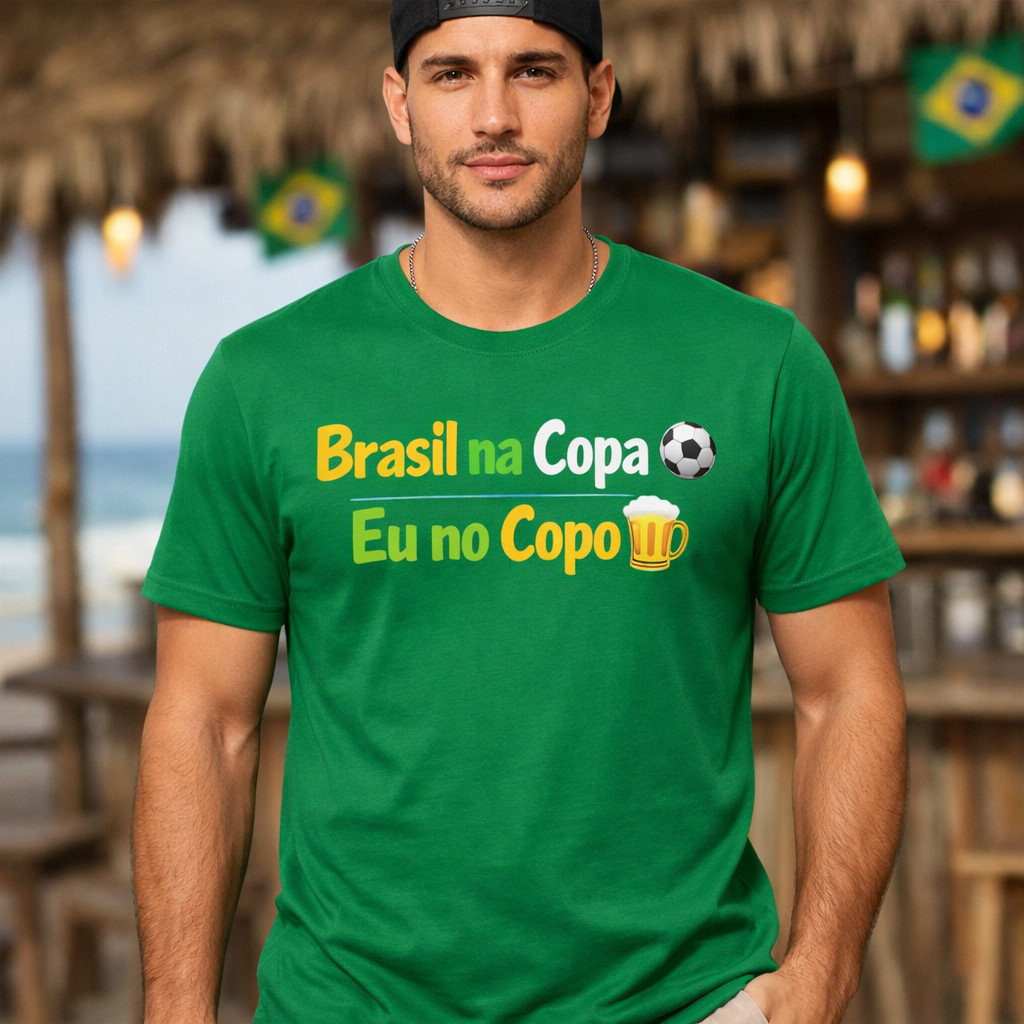 Camiseta Brasil na Copa Eu no Copo Camisa Copa Futebol Torcida 100% Algodão Masculino Feminino