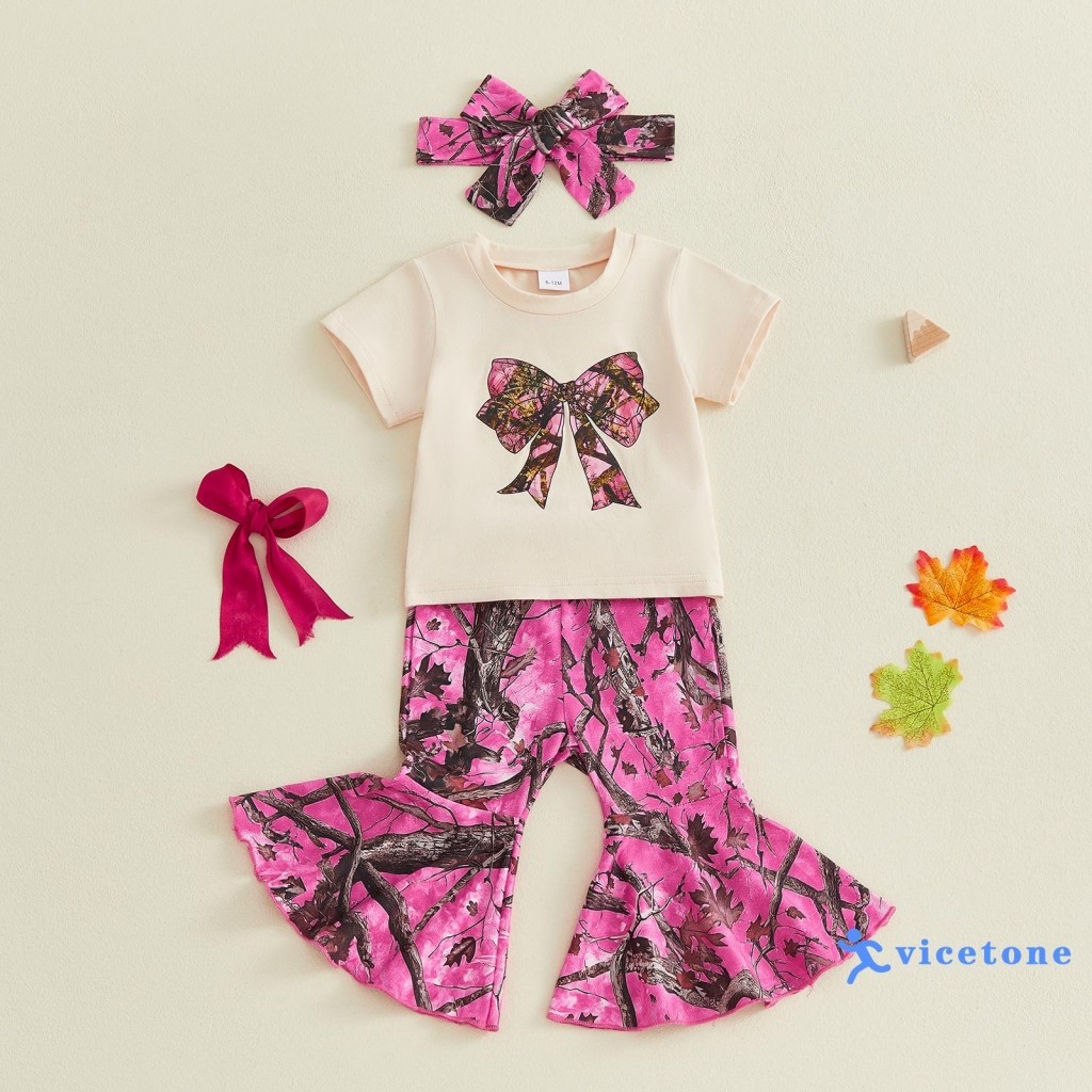 VICETONE-Toddler Bebê Meninas Roupa De Verão Moda Arco Impresso Camiseta Com Sino Inferior Tiara 3 Pcs Conjunto De Roupa