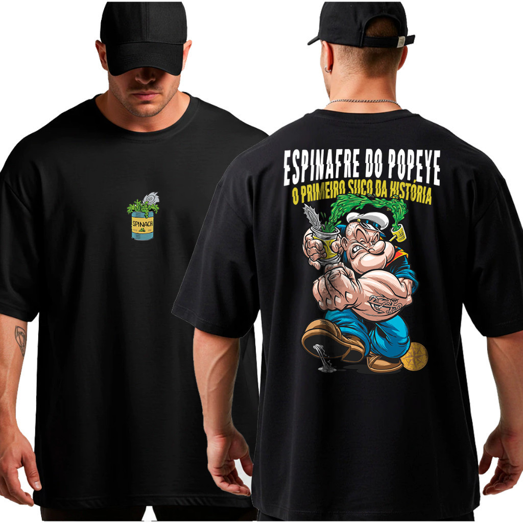 Camiseta Oversized Academia Espinafre Popeye para Treino Streetwear 100% Algodão Fitness Academia Gym Esportes Geek